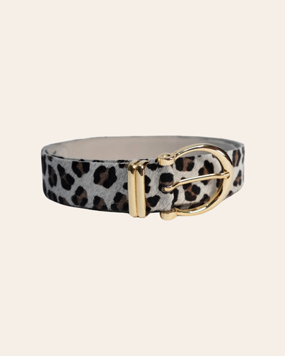 Correa Hebilla Clásica Dorada - Pelo leopardo blanco